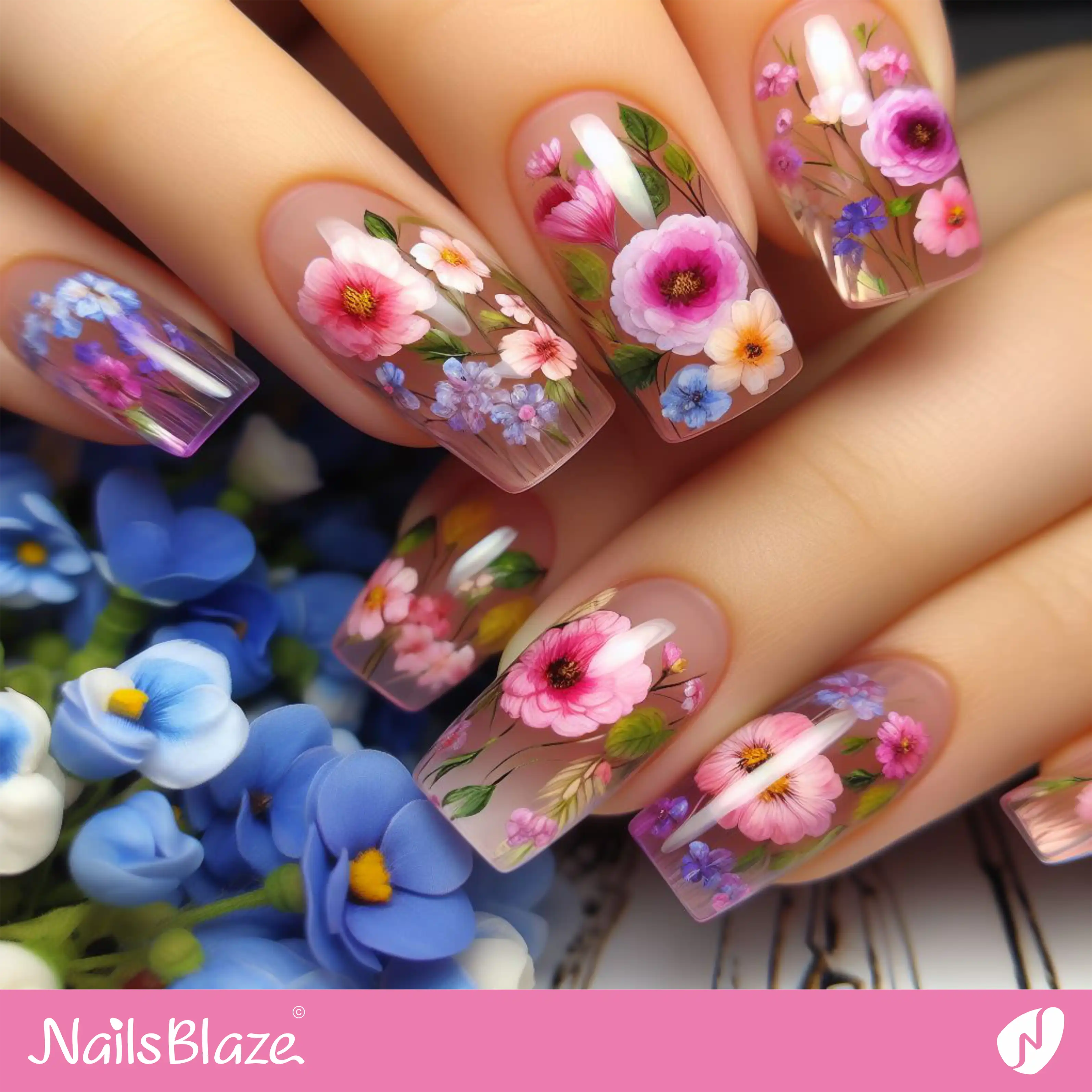 Transparent Nails with Watercolor Flowers | Paint Nail Art - NB2277